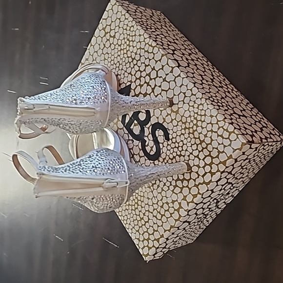 ABS Allen Schwartz white satin and crystal back 6 inch heels. Worn 3 times. - Picture 2 of 6